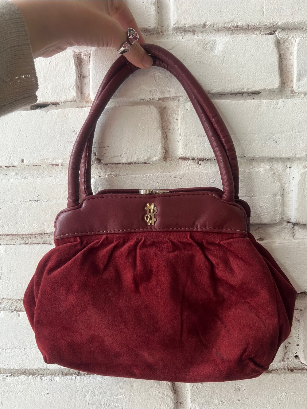 Vintage Burgundy Sueded texture & Leather Clutch with Gold Accent